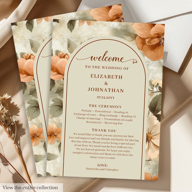 Romantic Boho Rust Ivory Olive Sage Floral Wedding Programm (Romantic Boho Rust Ivory Olive Floral Wedding Program)