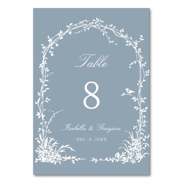 Romantic Botanical Arch Garden Wedding Dusty Blue Tischnummer (Vorderseite)