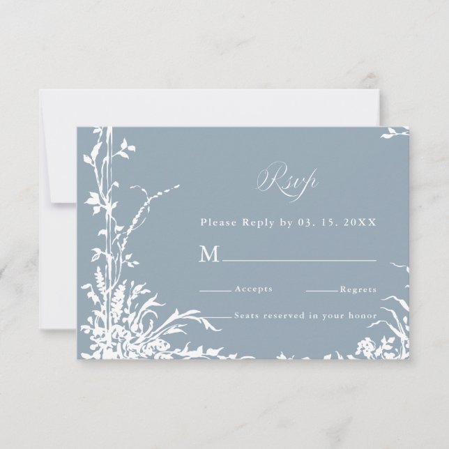 Romantic Botanical Garden Dusty Blue Wedding RSVP Karte (Vorderseite)