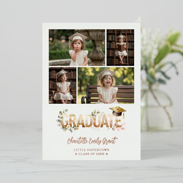Romantic Botanical Pre-K Graduation 5-Photo Folieneinladung (Stehend vorne)