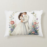 Romantic Bride Groom Floral Elegant Wedding Couple Dekokissen<br><div class="desc">Romantic watercolor-style bride and groom embracing forehead-to-forehead in elegant off-shoulder wedding gown and tuxedo, framed by delicate floral vines, roses, wildflowers, butterflies and soft pastel garden background. Ethereal, dreamy, vintage-inspired illustration perfect for wedding decor, anniversary gifts, romantic wall art, bridal shower, invitations, canvas prints, posters, t-shirts, mugs, pillows, tote bags...</div>
