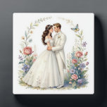 Romantic Bride Groom Floral Elegant Wedding Couple Fotoplatte<br><div class="desc">Romantic watercolor-style bride and groom embracing forehead-to-forehead in elegant off-shoulder wedding gown and tuxedo, framed by delicate floral vines, roses, wildflowers, butterflies and soft pastel garden background. Ethereal, dreamy, vintage-inspired illustration perfect for wedding decor, anniversary gifts, romantic wall art, bridal shower, invitations, canvas prints, posters, t-shirts, mugs, pillows, tote bags...</div>