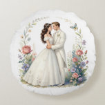 Romantic Bride Groom Floral Elegant Wedding Couple Rundes Kissen<br><div class="desc">Romantic watercolor-style bride and groom embracing forehead-to-forehead in elegant off-shoulder wedding gown and tuxedo, framed by delicate floral vines, roses, wildflowers, butterflies and soft pastel garden background. Ethereal, dreamy, vintage-inspired illustration perfect for wedding decor, anniversary gifts, romantic wall art, bridal shower, invitations, canvas prints, posters, t-shirts, mugs, pillows, tote bags...</div>