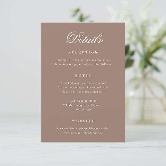 Romantic Brown Elegant Wedding Begleitkarte (Stehend Vorderseite)