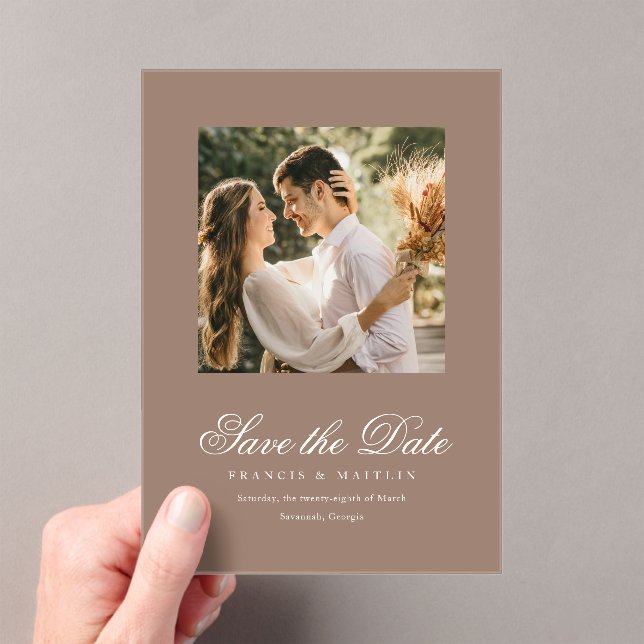 Romantic Brown Photo Elegant Wedding Save the Date Acryleinladungen (Insitu (Handheld))