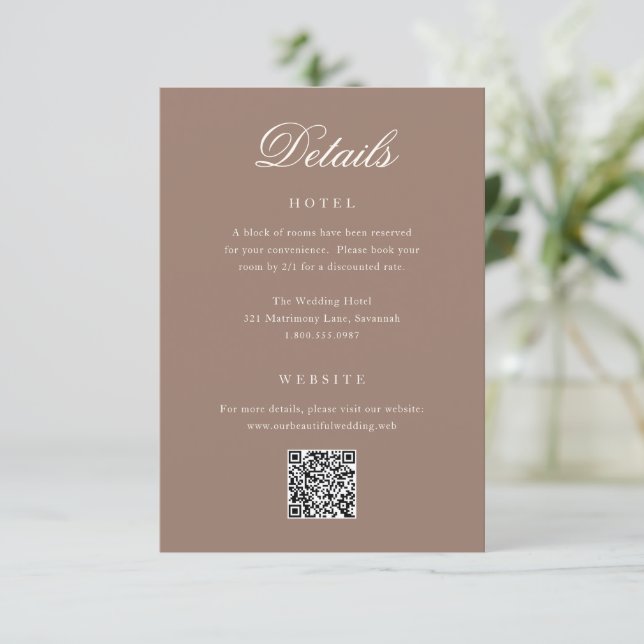 Romantic Brown QR Code Elegant Wedding Begleitkarte (Stehend Vorderseite)