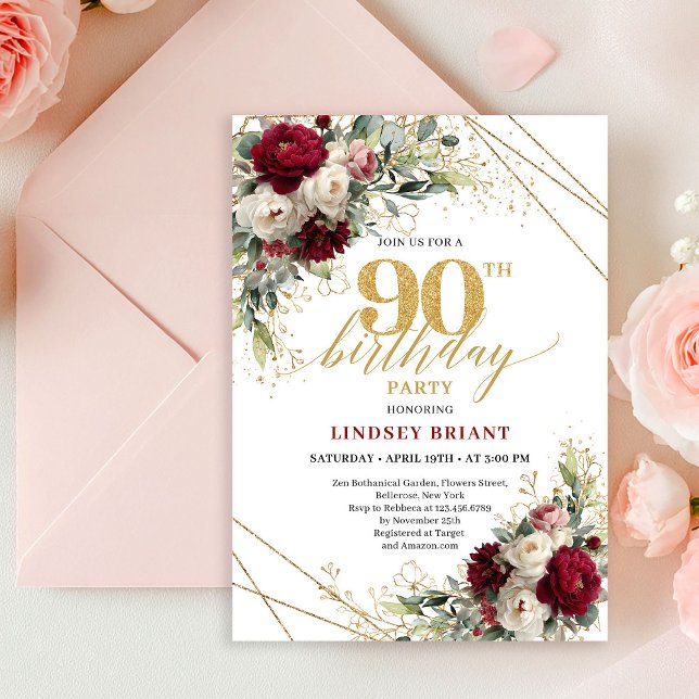 Romantic Burgundy and White Floral 90th Birthday  Einladung (Romantic Burgundy and White Floral 90th Birthday Invite)