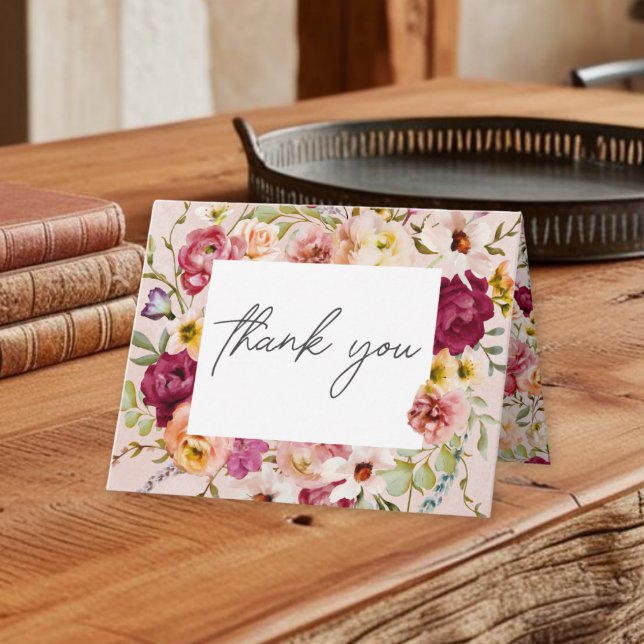 Romantic Burgundy Blush Floral Garden Wedding Dankeskarte (Romantic Burgundy Blush Floral Garden Wedding Thank You Card)
