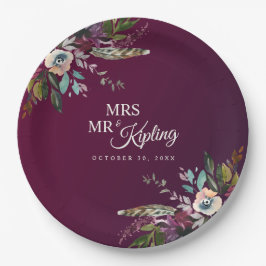 Romantic Burgundy Floral Mr & Mrs Wedding Pappteller