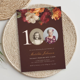 Romantic Burgundy Floral Photo 100th Birthday Einladung