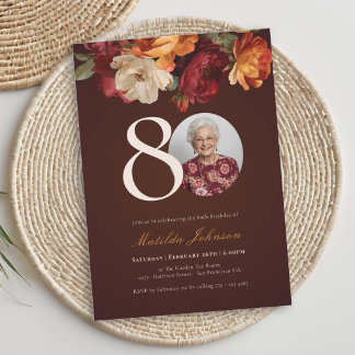 Romantic Burgundy Floral Photo 80th Birthday Einladung