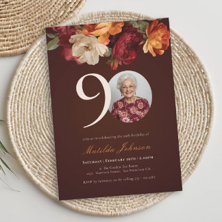Romantic Burgundy Floral Photo 90th Birthday Einladung