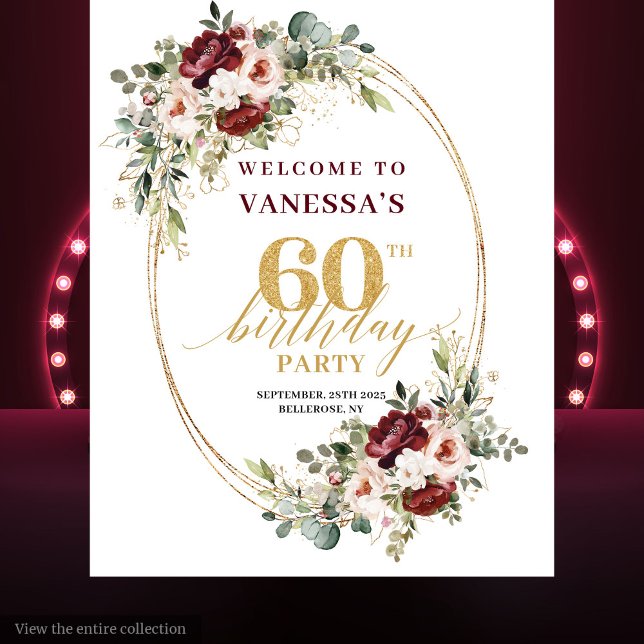 Romantic Burgundy Gold Floral 60th Birthday Banner Wandteppich (Romantic Burgundy Gold Floral 60th Birthday Banner)