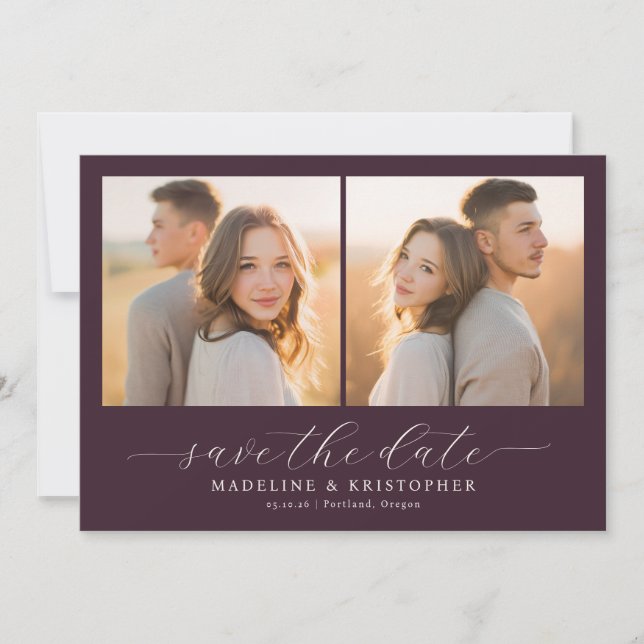 Romantic Burgundy Photo Collage Save The Date (Vorderseite)