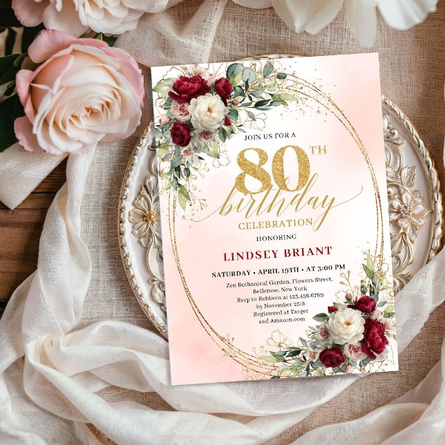 Romantic Burgundy Watercolor Flowers 80th Birthday Einladung (Romantic Burgundy Watercolor Flowers 80th Birthday Invite)