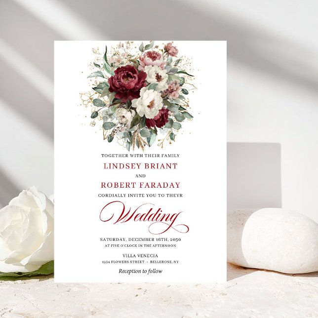 Romantic Burgundy White Floral Eucalyptus Wedding  Einladung (Romantic Burgundy White Floral Eucalyptus Wedding Invite)