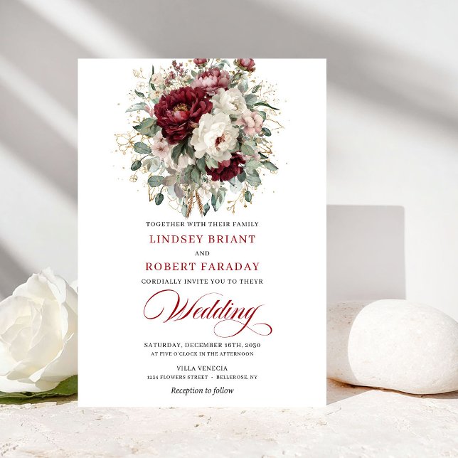 Romantic Burgundy White Flowers Wedding Invitation Einladung (Romantic Burgundy White Flowers Wedding Invitation)