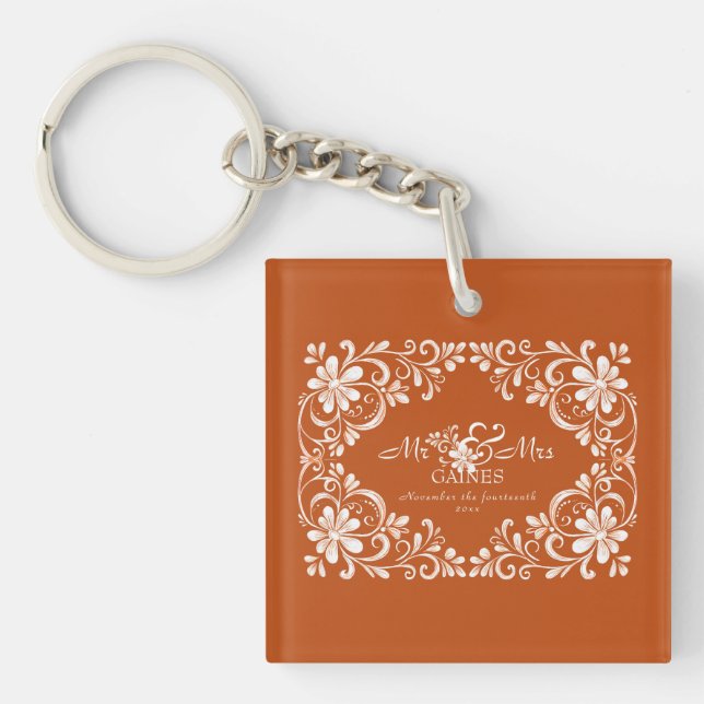 Romantic Burnt Orange Mr & Mrs Acrylic Schlüsselan Schlüsselanhänger (Vorderseite)
