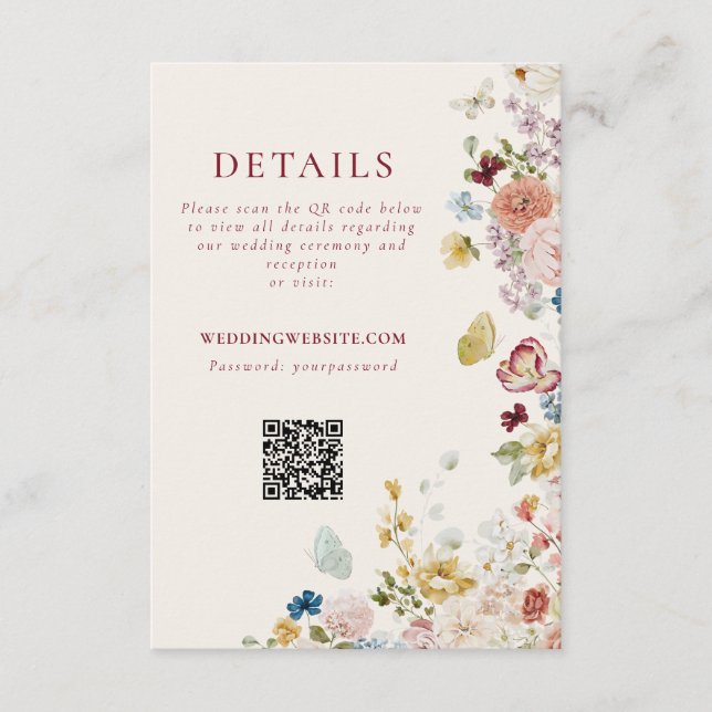 Romantic Butterfly Floral Border Wedding QR Code Begleitkarte (Vorderseite)