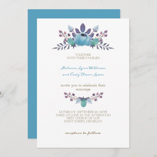 Romantic Cadet Blue Flowers Crown Wedding Einladung (Vorne/Hinten)