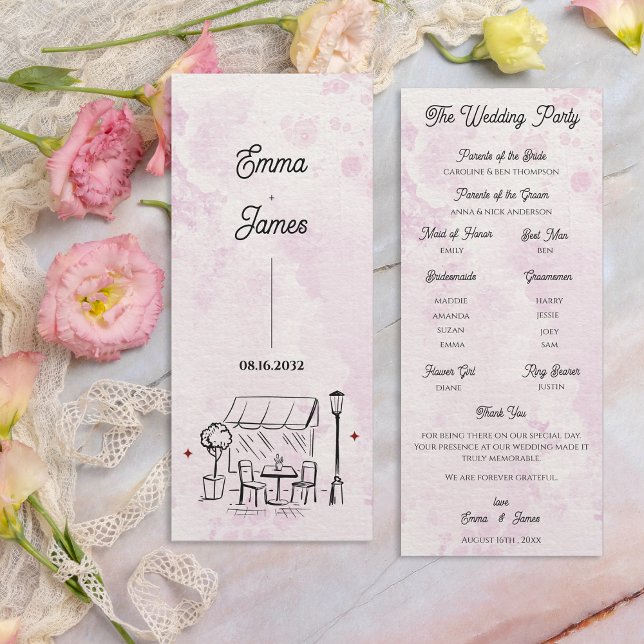Romantic Café Sketch Wedding Ceremony Program Einladung (Romantic Café Sketch Wedding Ceremony Program)