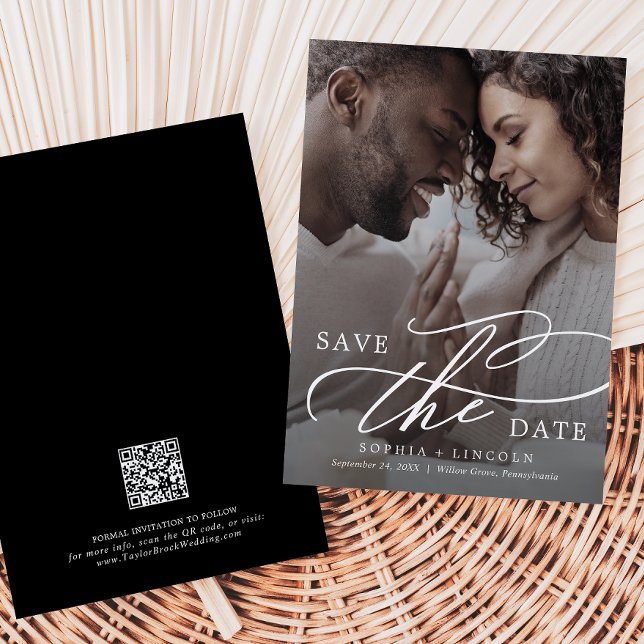 Romantic Calligraphy QR Code Dark Photo Save The Date (Von Creator hochgeladen)