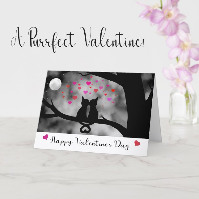Romantic Cat Valentine Card Under Moon             Karte (Valentine card with an illustration of cats kissing under the moon, and hearts floating in the air.)
