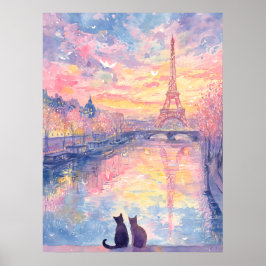 Romantic Cats in Paris Sunset – Watercolor Style Poster