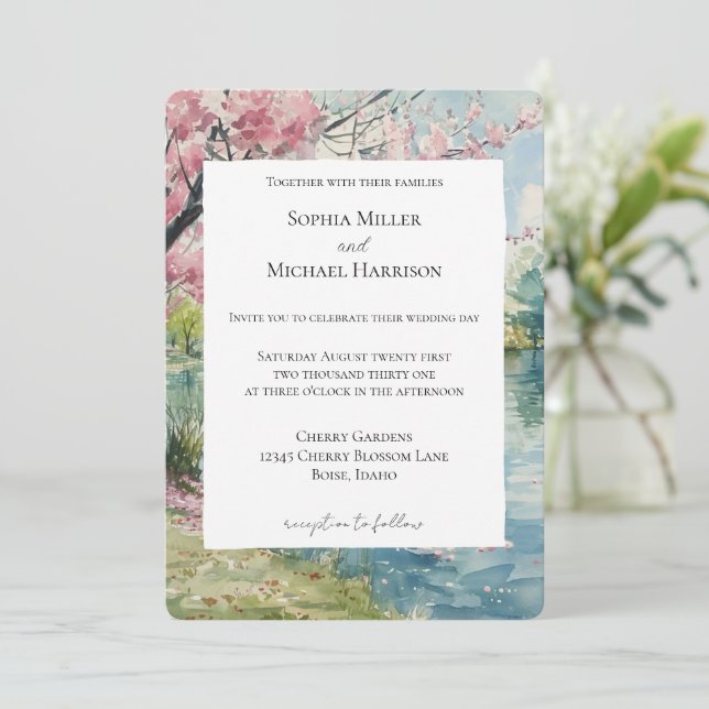 Romantic Cherry Blossom Floral Lake Wedding Einladung (Stehend Vorderseite)
