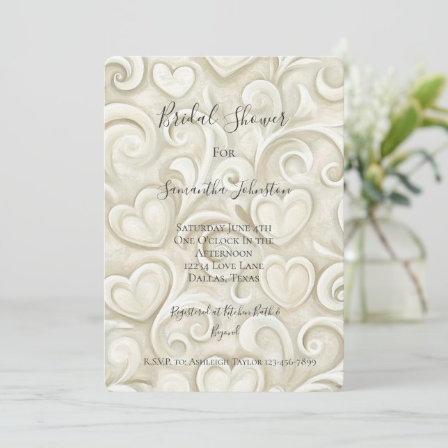 Romantic Chic Heart Swirls Bridal Shower Einladung (Stehend Vorderseite)