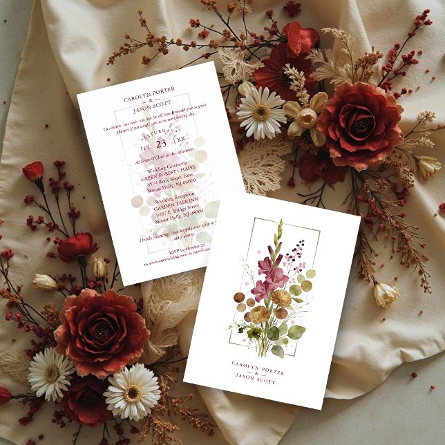 Romantic Chic Rustic Botanical Wildflowers Wedding Einladung (Romantic Rustic Botanical Wildflowers Bunch Wedding Invitation Card Design.)