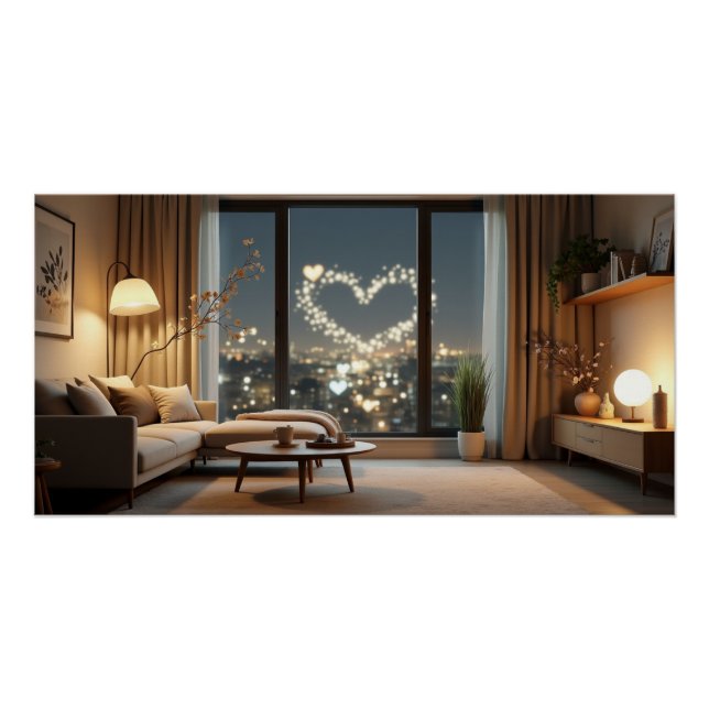 Romantic City Night with Heart Lights Poster (Vorderseite)
