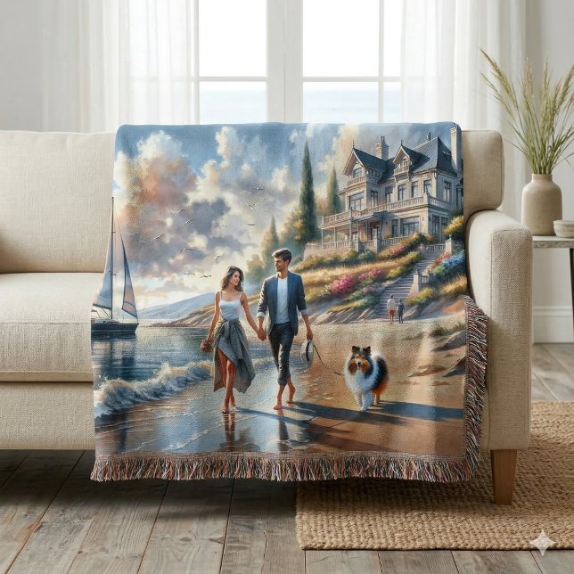Romantic Coastal Cottage Sunset Stroll Decke (Romantic Coastal Cottage Sunset Stroll Throw Blanket Draped Over Sofa)
