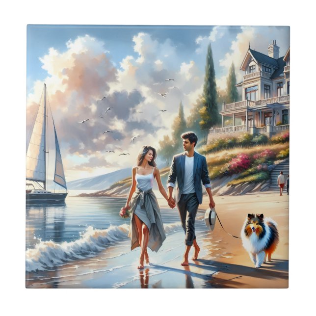 Romantic Coastal Cottage Sunset Stroll Fliese (Vorderseite)