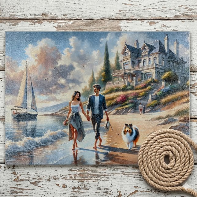 Romantic Coastal Cottage Sunset Stroll Schneidebrett (Romantic Coastal Cottage Sunset Stroll Cutting Board On Chipped Paint Porch)