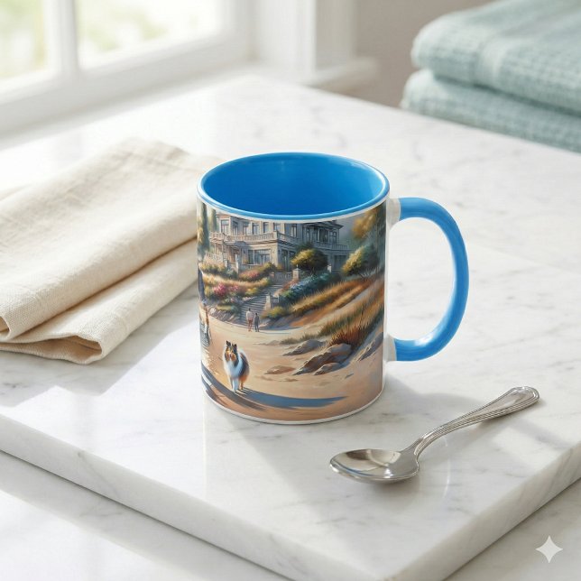 Romantic Coastal Cottage Sunset Stroll Tasse (Romantic Coastal Cottage Sunset Stroll Mug Mockup A)