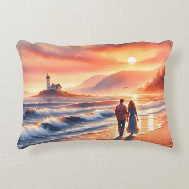 Romantic Coastal Sunset Lighthouse Walk Dekokissen (Vorderseite)