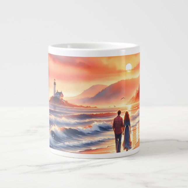 Romantic Coastal Sunset Lighthouse Walk Jumbo-Tasse (Vorderseite)