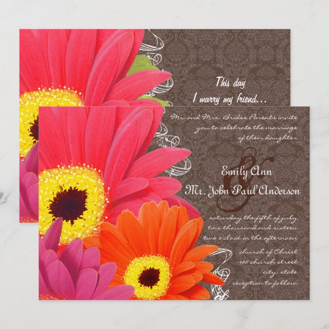 Romantic Coral & Fuchsia Gerber Daisy Wedding Einladung (Vorne/Hinten)