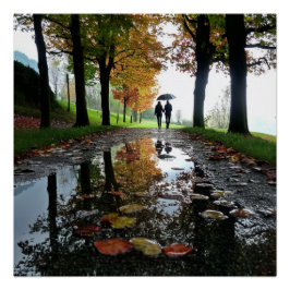 Romantic Couple Rain Autumn Glossy Poster