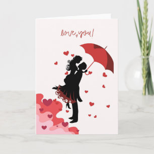 Romantic Couple Under Red Umbrella Love Card - Red Karte
