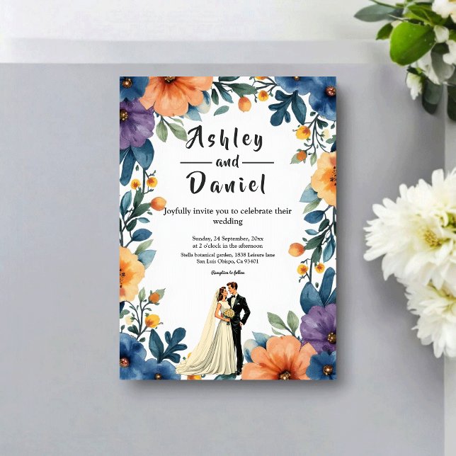 Romantic Couple Watercolor Floral Summer Wedding Einladung (Von Creator hochgeladen)