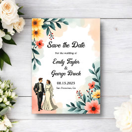 Romantic Couple Watercolor Floral Summer Wedding Save The Date