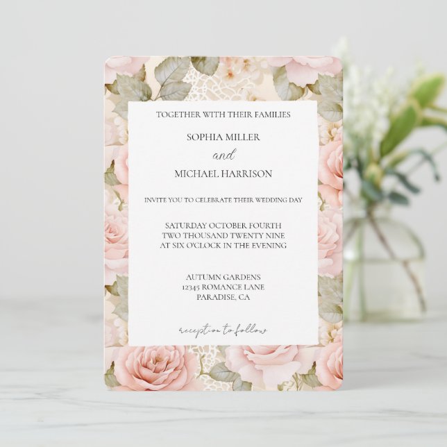 Romantic Cream Blush Pink Rose Floral Wedding Einladung (Stehend Vorderseite)