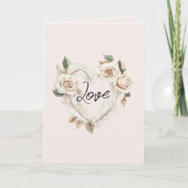 Romantic Cream Blush Roses Feathers Floral Heart Karte