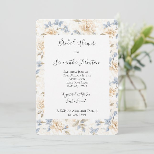 Romantic Cream Floral Blue Leaves Bridal Shower Einladung (Stehend Vorderseite)