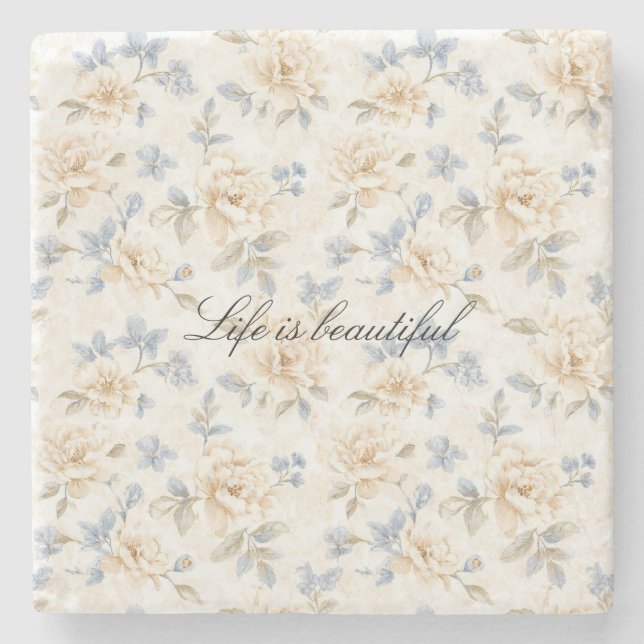 Romantic Cream Floral Blue Leaves Steinuntersetzer (Vorderseite)