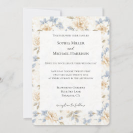 Romantic Cream Floral Blue Leaves Wedding Einladung