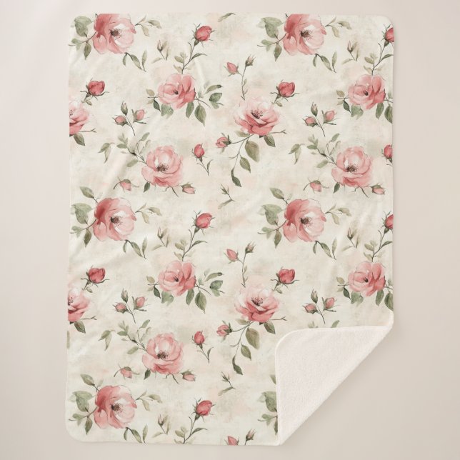 Romantic Cream Pink Roses Floral  Sherpadecke (Vorderseite)