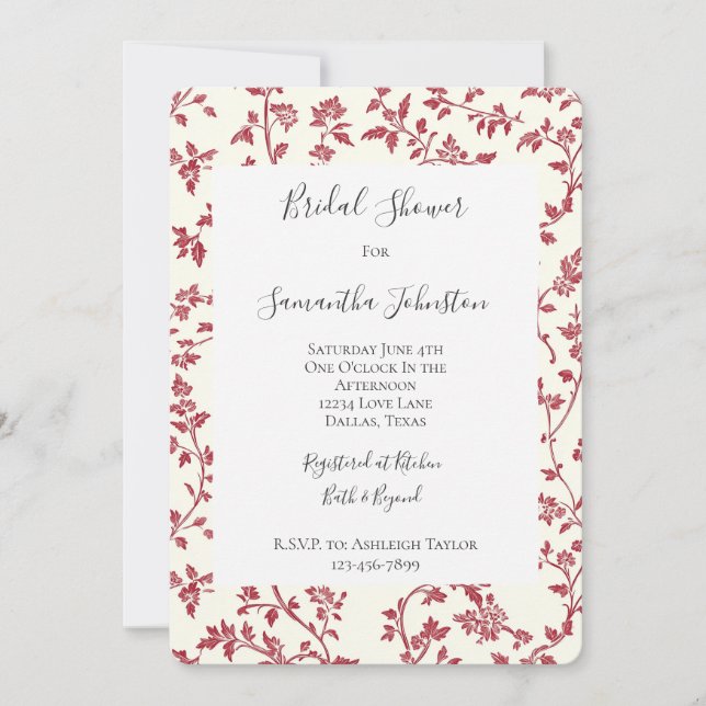 Romantic Cream Red Leaves Bridal Shower Einladung (Vorderseite)